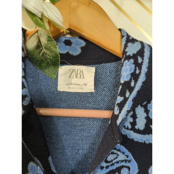 ZARA GIRLS Jacquard Shirt Button Up Blue Paisley Knit Collared Size 13/14 - Picture 5 of 7